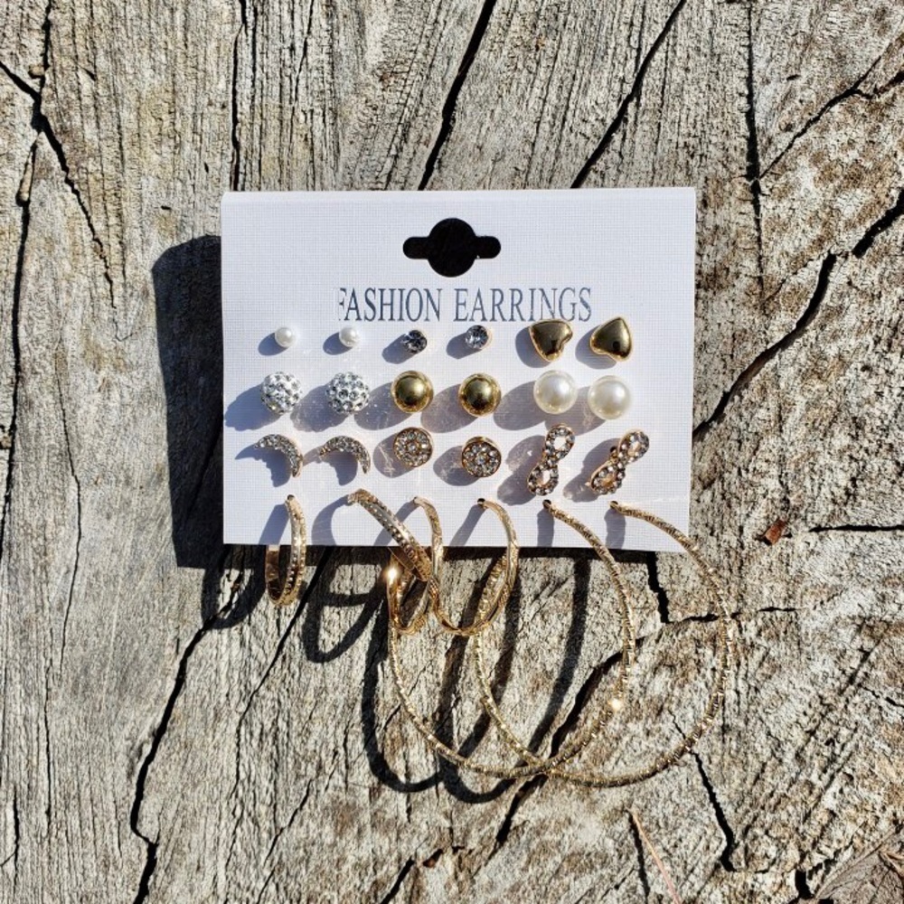 Earrings Set, 9 Pairs Stud Hoops Pearls for Women